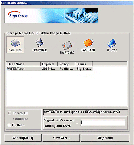 Screenshot of window for selecting a certificate