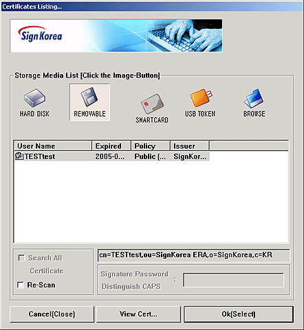 Screenshot of window for selecting a certificate