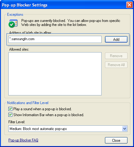 Screenshot of Pop-up blocker settings